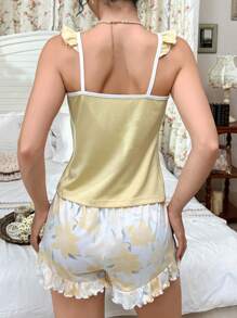 CottageSlumber 女式花卉印花荷叶边吊带背心和短款睡衣套装 - 黃色 - 查看 2