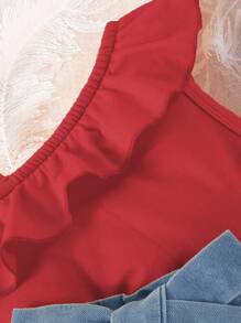 SHEIN 女婴休闲不对称荷叶边下摆背心和牛仔短裤两件套，夏季 - 紅色 - 查看 8