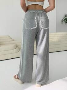 SHEIN EZwear Quần dài ống rộng viền ren giản dị cho nữ - Xám - Xem 2