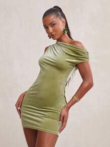 NYA SZN Vestido asimétrico de manga corta, ajustado, para club, fiesta nocturna, evento, vacaciones, ocasión especial, salida, de longitud mini, de terciopelo, para primavera y verano, para mujeres - Verde - Ver 1