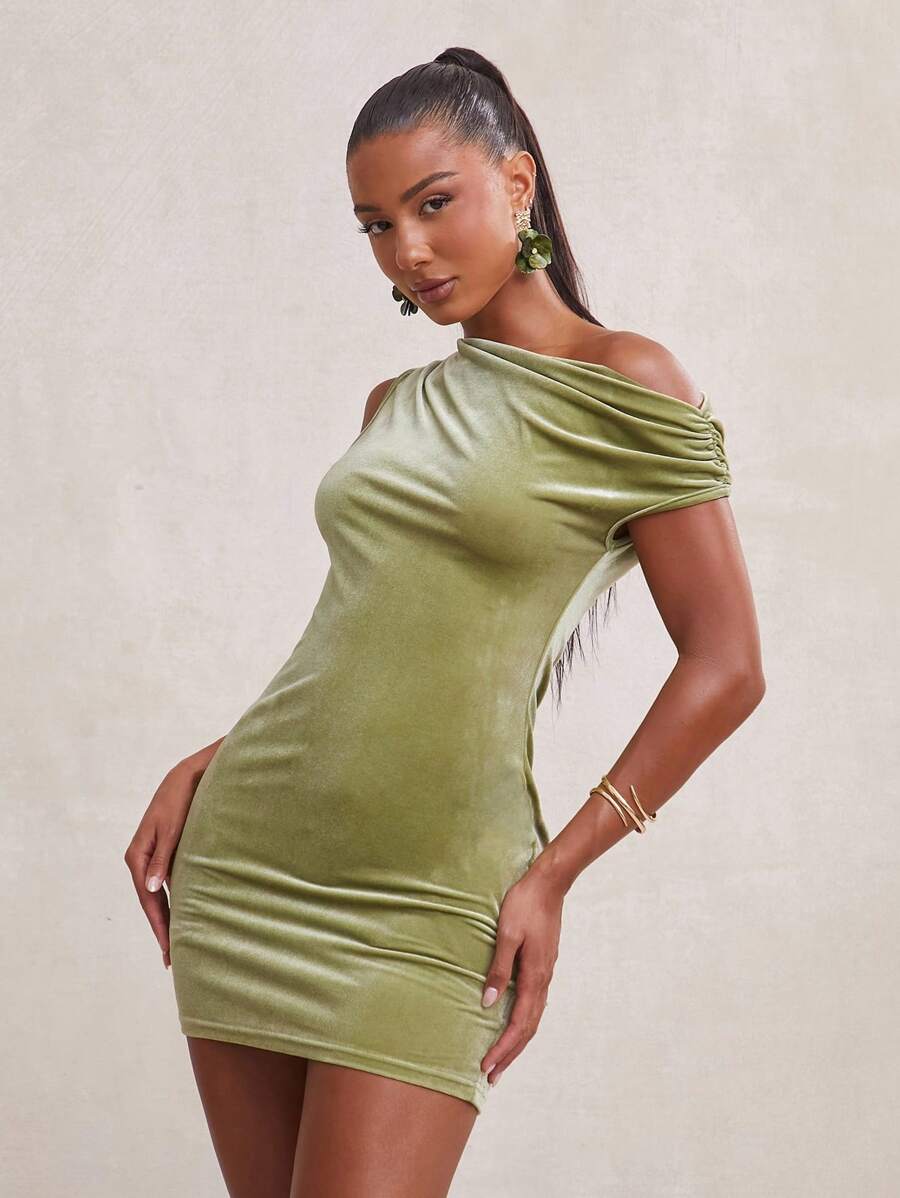 NYA SZN Vestido asimétrico de manga corta, ajustado, para club, fiesta nocturna, evento, vacaciones, ocasión especial, salida, de longitud mini, de terciopelo, para primavera y verano, para mujeres - Verde - Ver 1