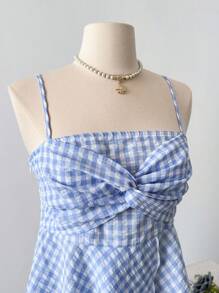 Franclia 优雅时尚细肩带蓝白格子交叉前褶皱女式夏季背心 - 藍白色 - 查看 5
