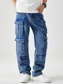 Chillumni Stylish Men's Casual Denim Cargo Jeans. These Long Light Wash Baggy Fit Wide Leg Pants Offer Ultimate Comfort And Ample Storage For Everyday Outings. - Light Wash - View 5