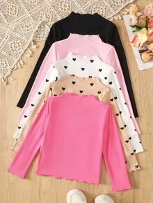 5件装 青少年女孩休闲基本款针织弹力修身长袖T恤 - 粉色 - 查看 2