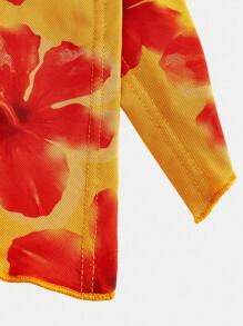 SHEIN 少女针织网眼花卉印花褶饰下摆短款吊带背心 - 橘色 - 查看 4