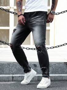 Manfinity LEGND Quần Jeans Skinny Denim Rách Túi Đơn Giản Cho Nam - màu đen - Xem 4