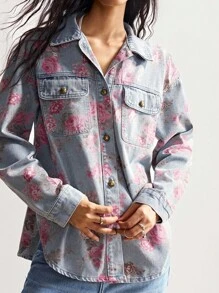 Bohemela 复古乡村风格玫瑰印花女式牛仔夹克