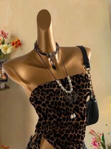 Attitoon 豹纹图案性感风格女式褶皱系带抹胸上衣 - 彩色 - 查看 3