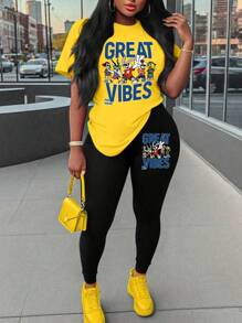 Maweii Conjunto de 2 piezas de talla grande, conjunto de verano lindo con estilo de ropa urbana, gráfico de manga corta, vibra de vacaciones