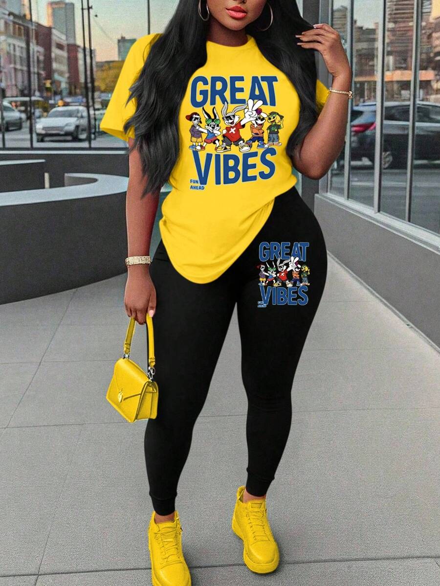 Maweii Conjunto de 2 piezas de talla grande, conjunto de verano lindo con estilo de ropa urbana, gráfico de manga corta, vibra de vacaciones