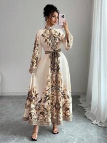 Elenzga Women's Elegant Collar Patchwork Lace Shoulder Long Sleeve Graphic Thanksgiving Teacher's Day Shirt Dress With Belt, Autumn Fall Cloth For Women