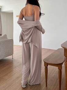 DAZY 3件套纯色针织扭结设计吊带背心、睡袍和裤子家居服套装，女士秋冬服装