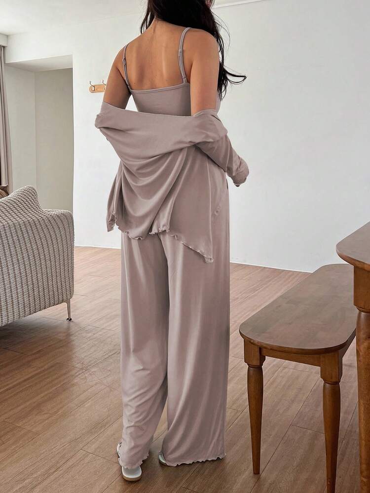 3pcs Solid Color Knitted Twist Design Cami Top & Robe And Pants Lounge Set For Women, Fall Winter Clothes