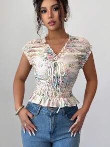 Elenzga Áo cánh thắt nơ cổ chữ V thêu hoa rỗng ở eo - Màu be - Xem 5