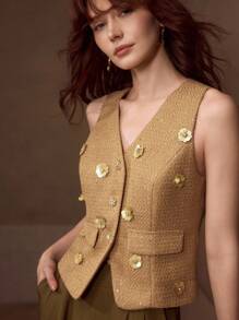 MOTF PREMIUM STEREO FLORAL SEQUINS BUTTON UP WAISTCOAT - Khaki - View 7