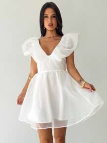 Firerie 女士优雅浪漫 V 领褶皱高腰薄纱迷你裙，适合约会、婚礼、派对、音乐节、日常穿着 - 白色 - 查看 7