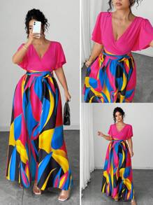 Elenzga Plus Size Women's Spring & Summer Bohemian Beach Resort Casual Travel Style High-End Colorful Asymmetrical Geometric Pattern Print Fashion Gorgeous Sexy Round Neck Ruffle Sleeve Maxi Dress - Multicolor - View 1