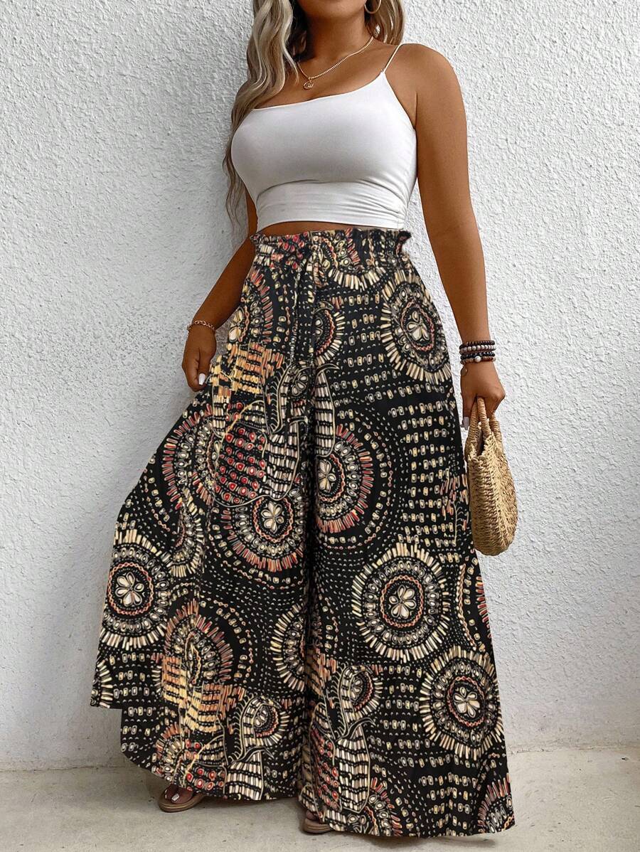 EMERY ROSE 大码女式优雅休闲印花阔腿裤 - 黑色 - 查看 1