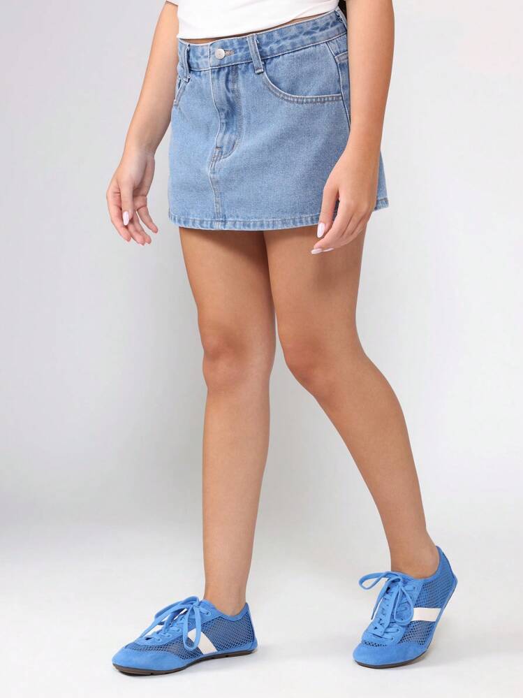 SUMWON Classic High Rise Denim Mini Skirt A Line Design Casual Streetwear Everyday Basic Regular Fit Light Summer Festival Fashion - Medium Wash - View 3