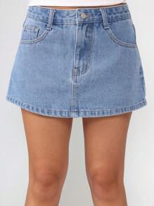 SUMWON Classic High Rise Denim Mini Skirt A Line Design Casual Streetwear Everyday Basic Regular Fit Light Summer Festival Fashion - Medium Wash - View 6