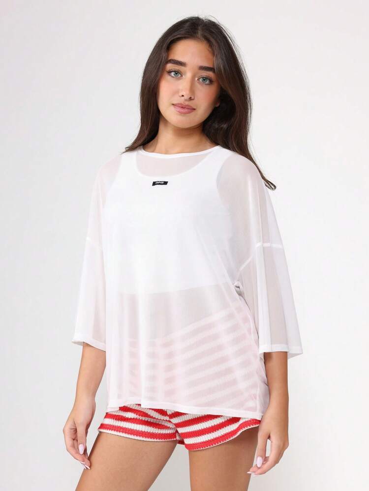 Sheer Mesh Overlay T-Shirt With Quarter Length Sleeves