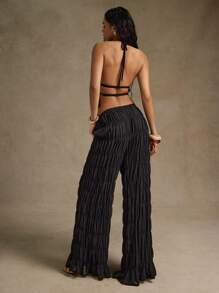 Hauture 性感夏季休闲纯色褶皱吊带上衣 - 黑色 - 查看 6