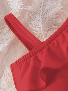 SHEIN 女婴休闲不对称荷叶边下摆背心和牛仔短裤两件套，夏季 - 紅色 - 查看 3