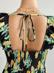 Soleia Rochie mini pentru femei de mărime mare, exclusivă, cu imprimeu de lămâie, mânecă scurtă, talie strânsă, linie A - Multicolor - Vizualizare 5