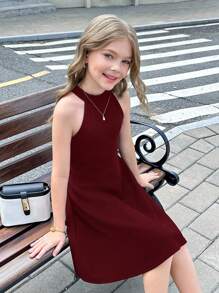 SHEIN Serisse Kids Plain Burgundy Halter Neck A-Line Dress For Tween Girls In A Casual Flared Design Burgundy Tween Dress Tween Sleeveless Dress Tween Girl Dress Kids Burgundy Dress - Burgundy - View 6