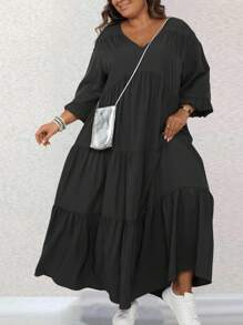 SHEIN LUNE Plus Size Solid Color Lantern Sleeve Brown Fall Dress, Spring Autumn Maxi Women Outfit - Black - View 3