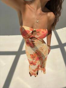 Aloruh Vestido de tirantes finos con estampado floral, decoración con cuentas y abertura alta, para primavera y vacaciones de verano - Multicolor - Ver 8