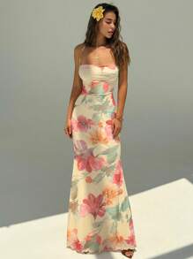 Aloruh Women's Elegant Floral Print Backless Dress Summer Summer Outfits Summer Clothes Beach Outfits For Woman  Beach Vacation Vacation Outfits Woman Boho Tropical Vacation Woman Clothe Tropical Vacation Woman Clothe Wedding Anniversary Bridesmaid Party Date Sexy Wedding Guest Dress Women Bridal Shower Dress White  Elegant Modest Fairycore