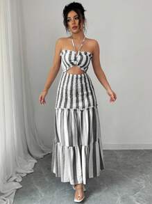 Elenzga 2025 Summer New Arrival Black & White Striped Sexy Elegant Lady Versatile Waist Tie Strapless Sleeveless Dress, Suitable For Dates, Outings, Vacations, Holidays, Independence Day, Back To School, Teacher's Outfit, Weddings, Parties, Music Festivals, Oktoberfest, Halloween, Thanksgiving - Black and White - View 4