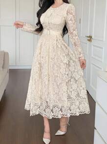 DAZY Đầm ren cao cấp tinh tế thắt eo thêu họa tiết, đầm midi kiểu Hàn Quốc nhẹ nhàng, duyên dáng giúp trẻ trung, thích hợp cho mùa hè dành cho nữ. - Màu be - Xem 3