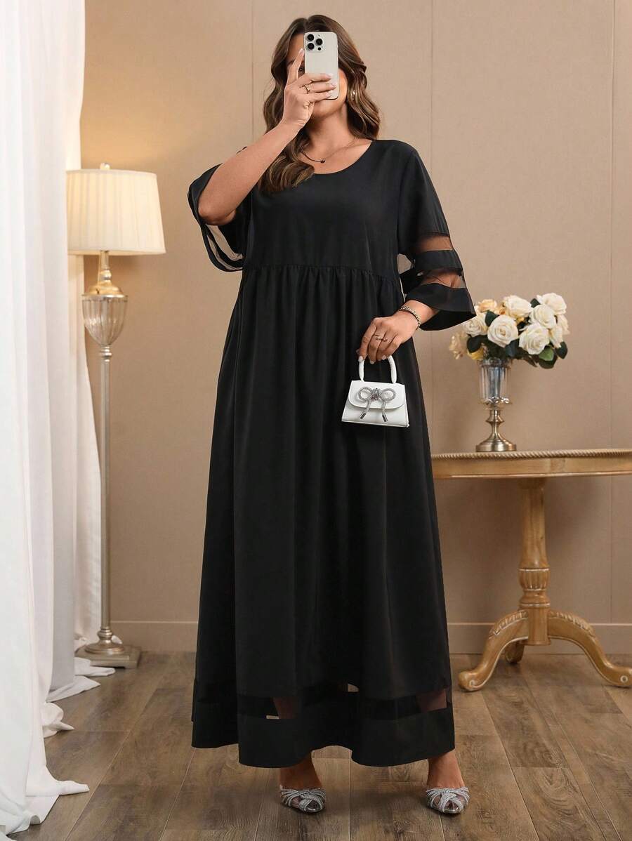 SHEIN Clasi 大码女式黑色圆领连衣裙,带网眼袖子 - 黑與白 - 查看 1