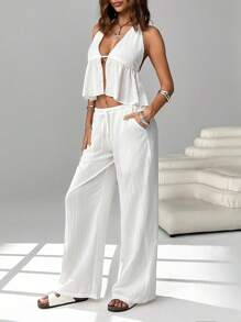 SHEIN EZwear 2 Pieces Outfits Tie Up Halter Neck Backless Tank Top And Wide Leg Drawstring Pants Set Clubwear, Vacation Outfits Women, Beach Outfits For Woman, Rave Outfits, Hawaii Outfits Women Island Vacation Outfits - White - View 4
