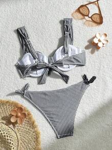 Swim Mod 2件套女士夏季假日海滩格子前系带比基尼套装 - 彩色 - 查看 2