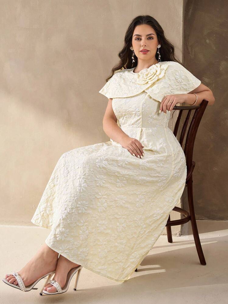 Chikora エレガントなパーティードレス プラスサイズ ジャガード 3Dフラワーデコレーション ソリッドカラー - アプリコット - 見る 6