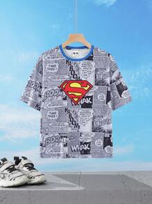 SUPERMAN X SHEIN Tween Jungen Cartoon Superhelden Schwarz-Weiß Zeitungsmuster cooles und stylisches graues Kurzarm T-Shirt