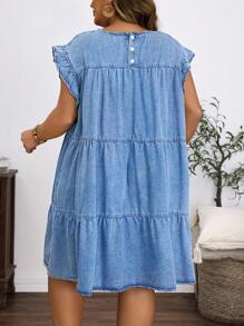 EMERY ROSE Plus Size Round Neck Short Cap Sleeve Simple Casual Mini Denim Dress - Light Wash - View 2