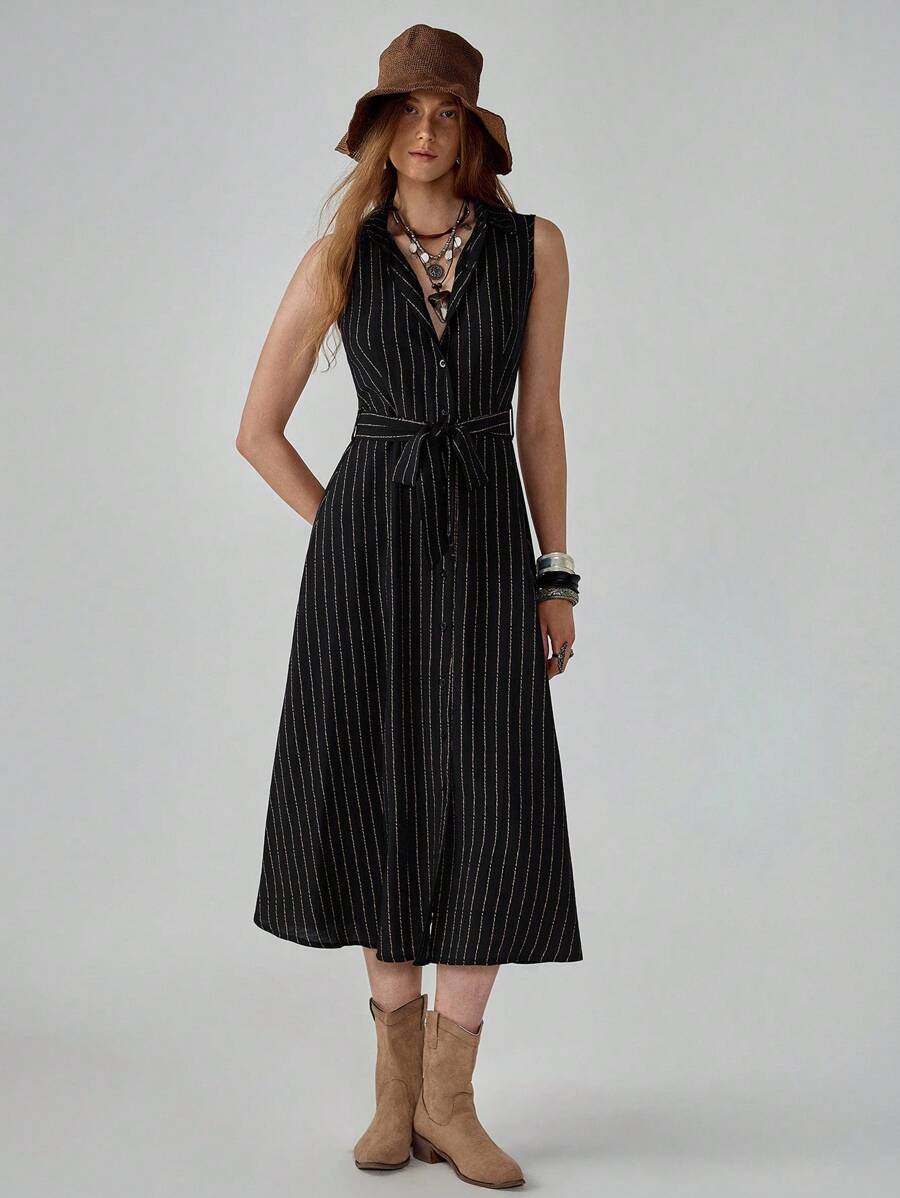 Florisole فستان ماكسي مميز للنساء بأسلوب بوهيمي، مخطط، أسود