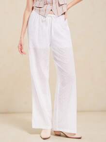 WESTFADE Pantalón ancho de verano de pierna suelta con cintura con cordón y tela de algodón 100% con bordado de flores, para vacaciones del 4 de julio - Blanco - Ver 3