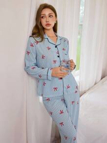 Dream Adore Set pigiama da donna con stampa a righe, fiocco e bavero, maniche lunghe, colore blu, abbigliamento autunnale - Multicolore - Visualizzare 2