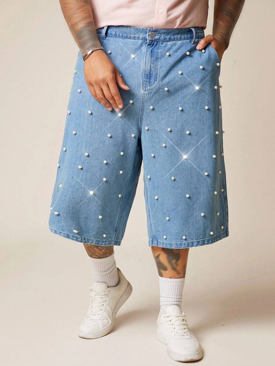 EASEVO Plus Size Men's Pockets Faux Pearl Decor Wide Leg Denim Shorts - Royal Blue - View 1