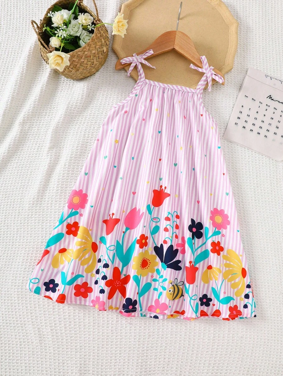 SHEIN 女童下摆印花休闲度假吊带A字连衣裙 儿童夏季连衣裙 女童碎花连衣裙 儿童夏季连衣裙 幼儿女童夏季连衣裙 - 紫色 - 查看 1