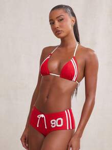 NYA SZN 女士两件套泳衣比基尼短款露肩运动条纹沙滩度假红色泳装套装 - 紅白色 - 查看 4