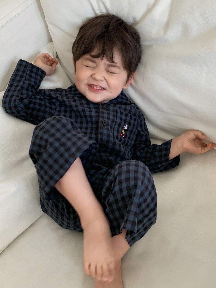 Hapijoa 男婴纯色圆领休闲T恤搭配条纹休闲裤家居服套装,幼儿秋装 - 藏蓝色 - 查看 1