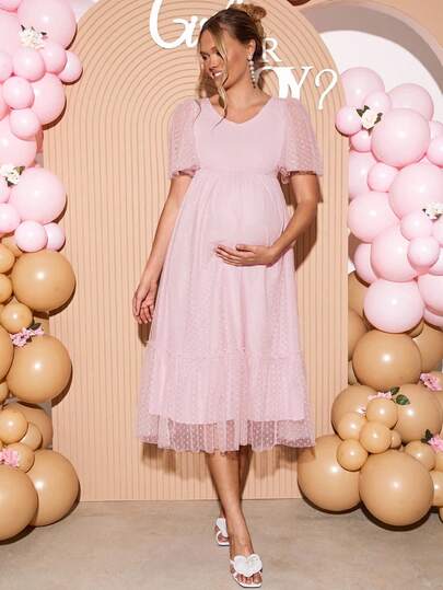 Loomaby Pregnant Women V-Neck Ruffle Hem Short Sleeve Solid Color Elegant Maternity Dress,Gender Reveal Dress,Maternity Dress,Baby Shower Dress