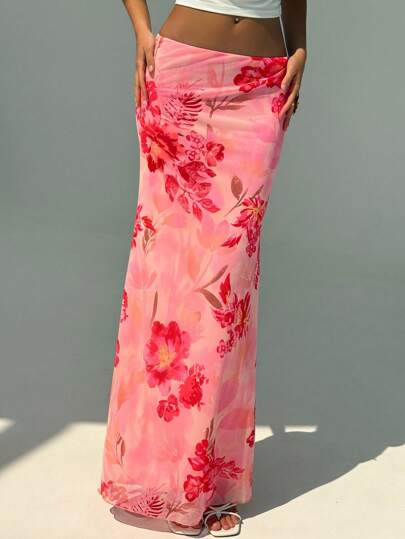 Aloruh Women Elegant Floral Print Low Waist Skirt Summer Summer Outfits Summer Clothes Beach Outfits For Woman  Beach Vacation Vacation Outfits Woman Boho Tropical Vacation Woman Clothe Tropical Vacation Woman Clothe Floral