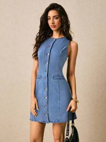 Poéselle 女式休闲前扣无袖牛仔连衣裙，夏季 - 淺色水洗藍 - 查看 5